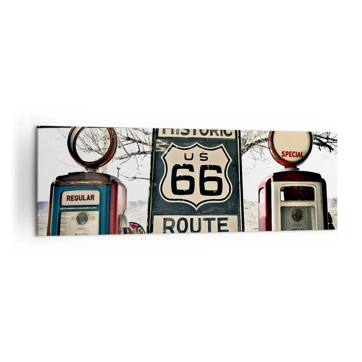 Obraz na płótnie - Historyczna stacja benzynowa z symbolem Route 66 - 160x50cm - Amerykańska retro podróż - Nowoczesna dekoracja ścienna do salonu i sypialni ARTTOR