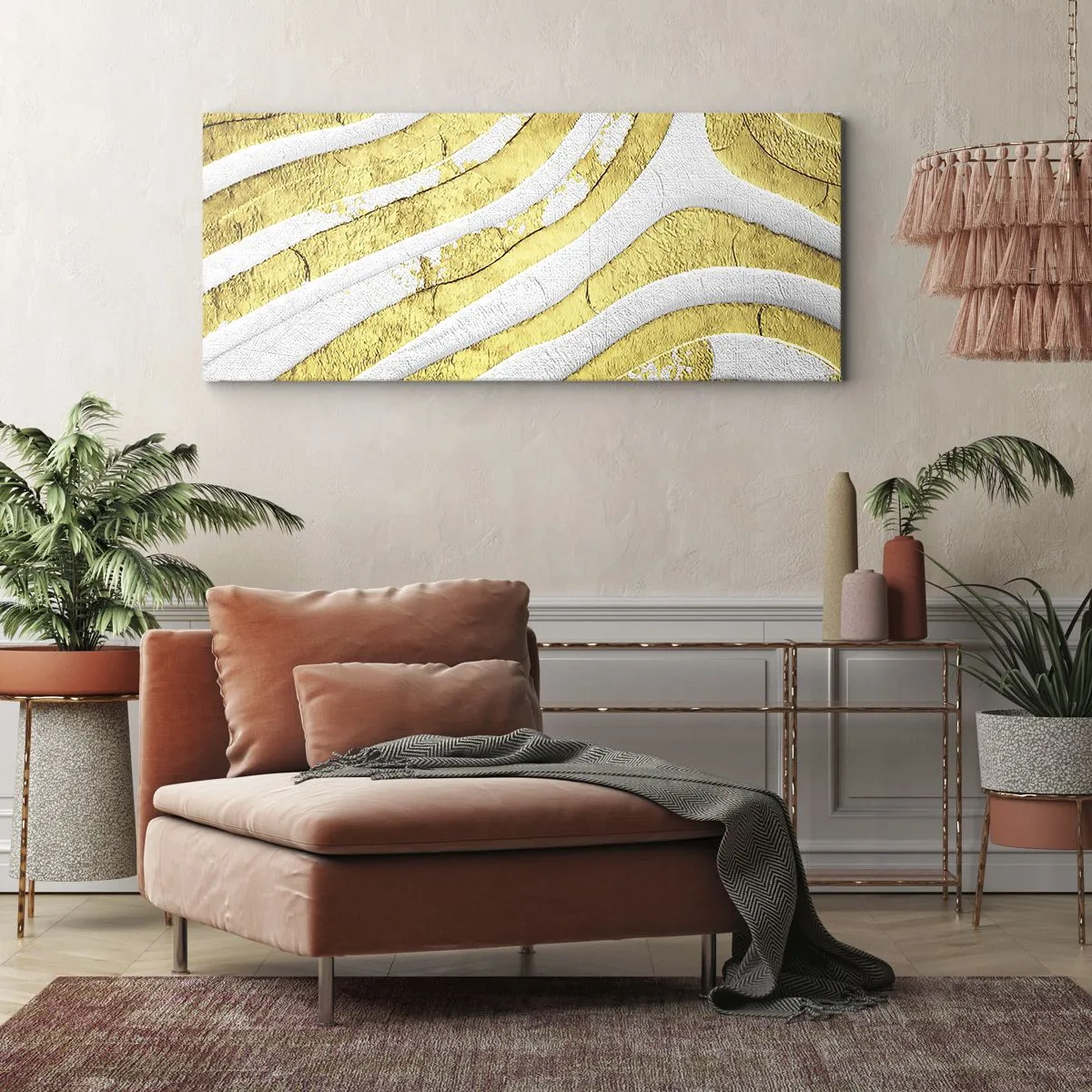 Obraz na płótnie - Złote i białe abstrakcyjne linie w fakturze 3D - 140x50cm - Kompozycja w bieli i złocie - Nowoczesna dekoracja ścienna do salonu i sypialni ARTTOR