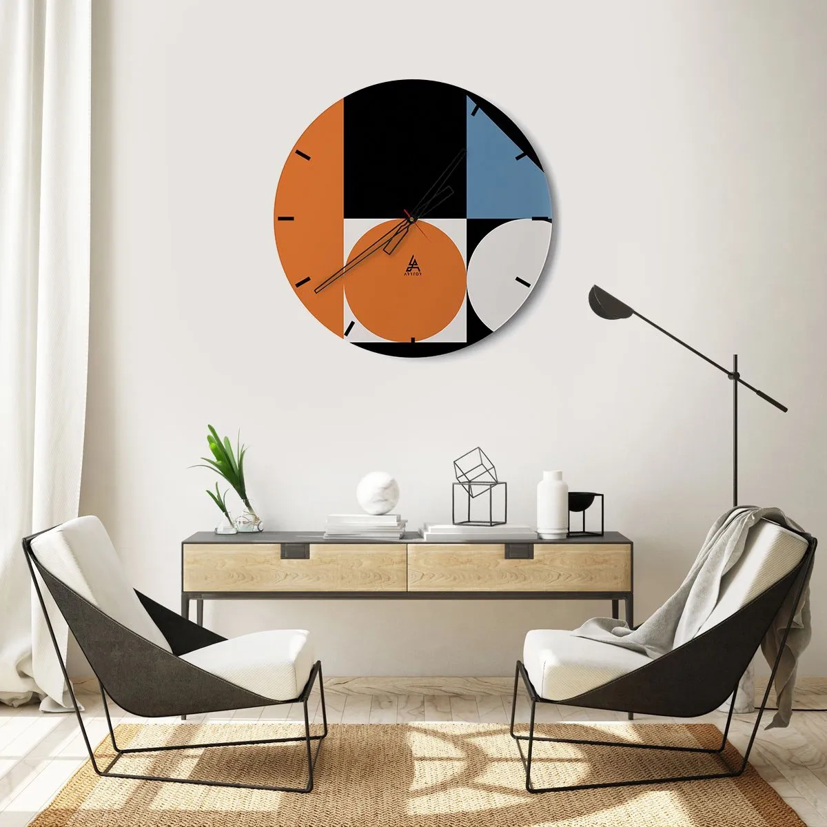 Zegar ścienny - Kolorowa kompozycja geometryczna z kołami i prostokątami - 30x30cm - Układ figurowy - Nowoczesna dekoracja ścienna do salonu, kuchni i sypialni ARTTOR