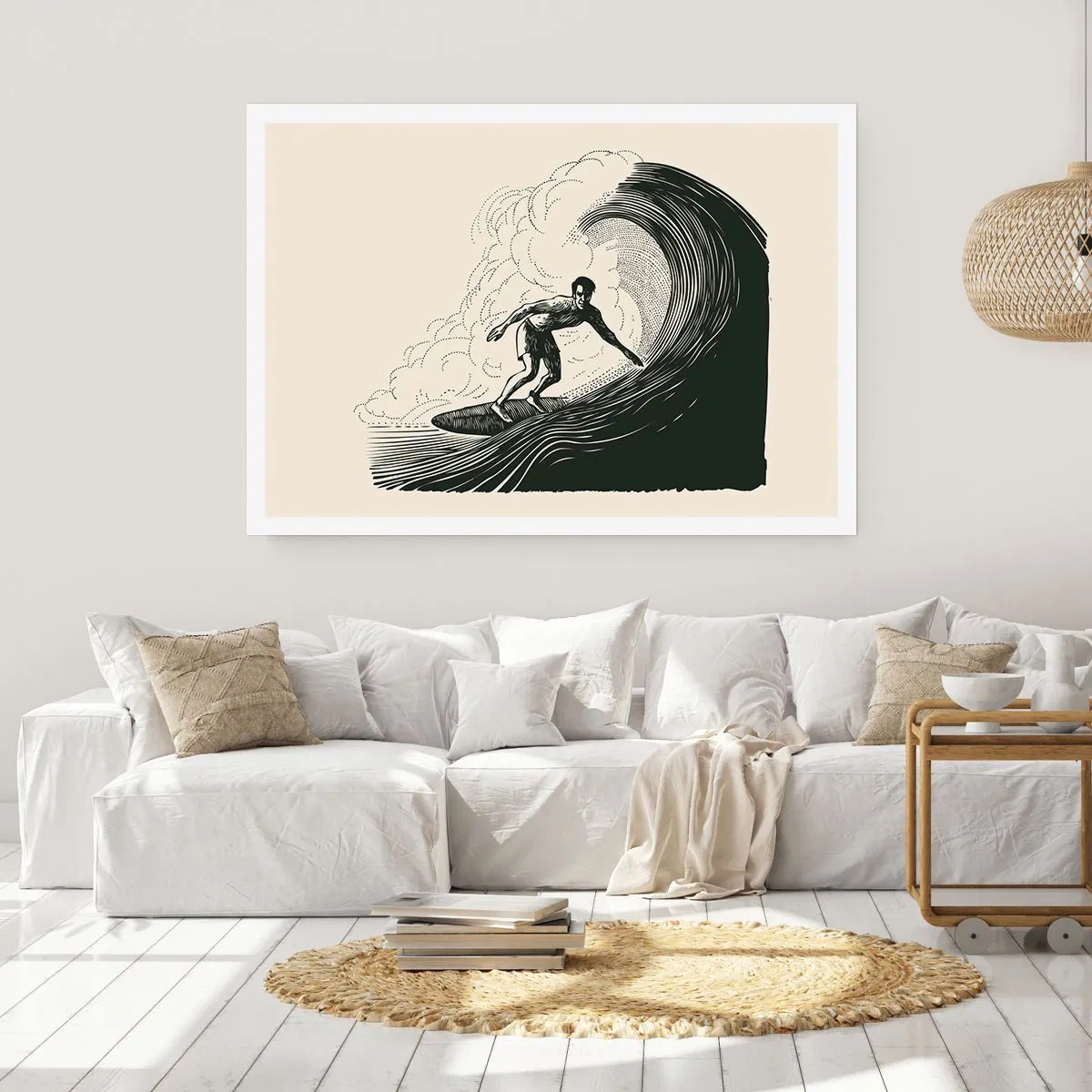 Plakat - Czarno-biała grafika surfera na fali - 100x70cm - Król fali - Nowoczesna dekoracja ścienna do salonu i sypialni ARTTOR