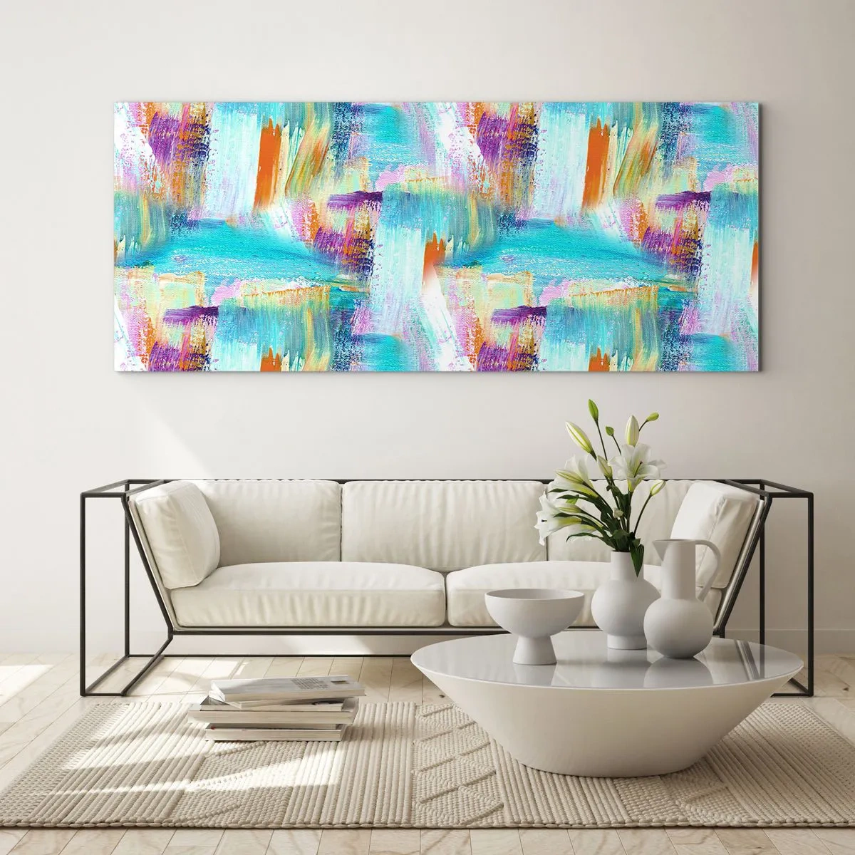 Obraz na szkle - Kolorowa abstrakcja z dynamicznymi pociągnięciami pędzla - 160x50cm - Pogodny mazaniec-przekładaniec - Nowoczesna dekoracja ścienna do salonu i sypialni ARTTOR
