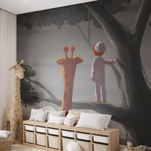 Fototapeta Premium Sand - Chłopiec w piżamie i żyrafa na drzewie podczas wschodu słońca - 100x70cm - To się naprawdę dzieje - Nowoczesna dekoracja ścienna do salonu, kuchni i sypialni ARTTOR