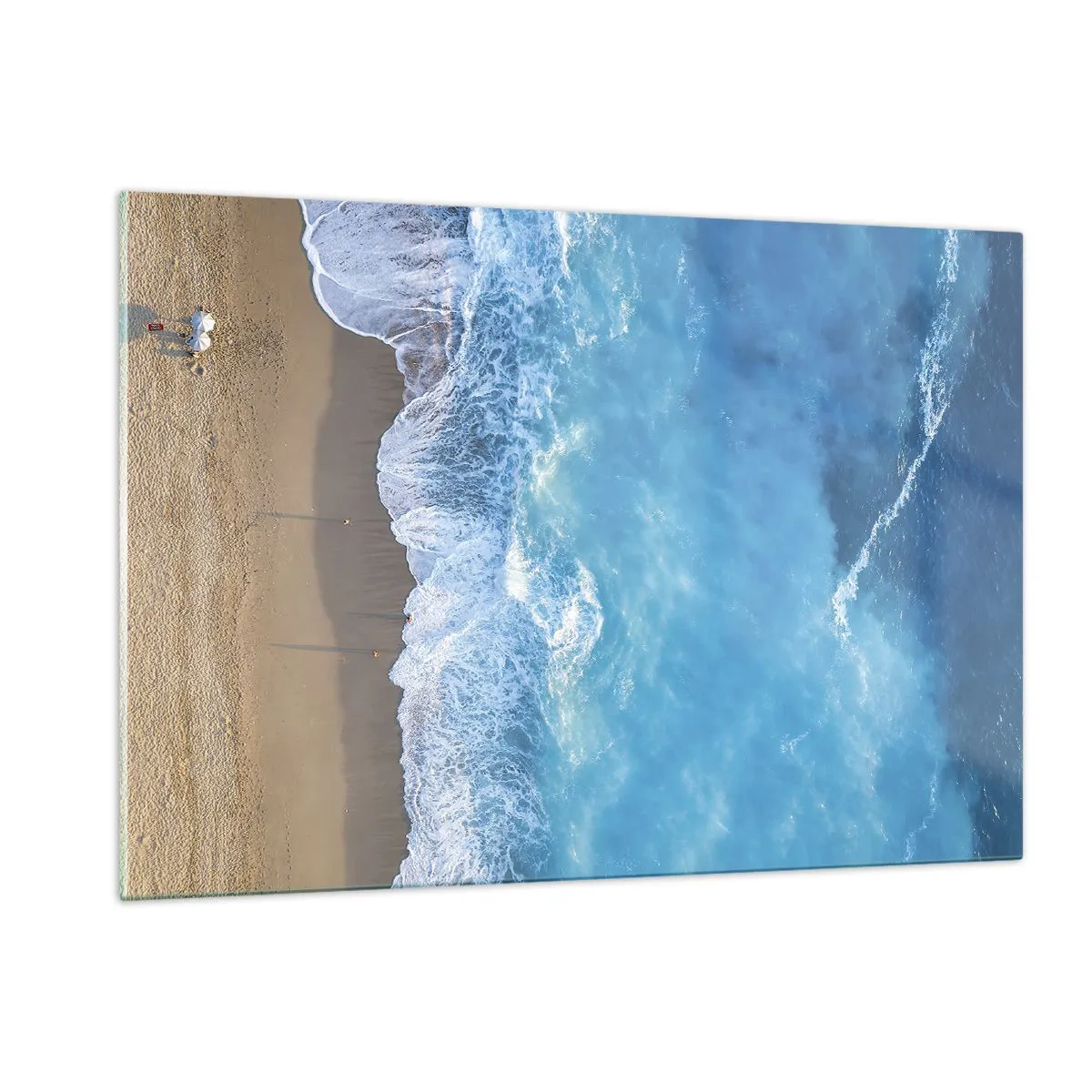 Obraz na szkle - Widok z lotu ptaka na plażę i uderzające fale - 120x80cm - Siła błękitu - Nowoczesna dekoracja ścienna do salonu, kuchni i sypialni ARTTOR