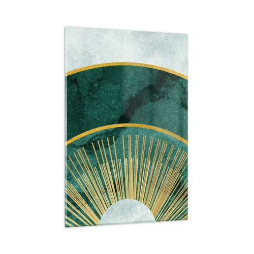 Obraz na szkle - Abstrakcyjny wzór z okręgami w szmaragdowym i złotym kolorze - 80x120cm - Inny układ słoneczny - Nowoczesna dekoracja ścienna do salonu i sypialni ARTTOR