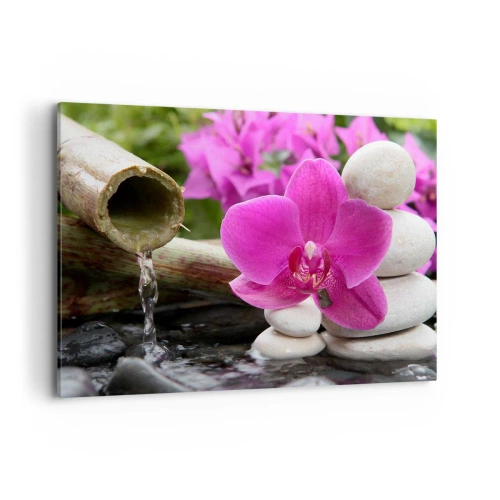 Obraz na płótnie - Fioletowa orchidea, kamienie i bambus z wodą w relaksacyjnym otoczeniu - 100x70cm - Już odpoczywasz - Nowoczesna dekoracja ścienna do salonu, kuchni i sypialni ARTTOR