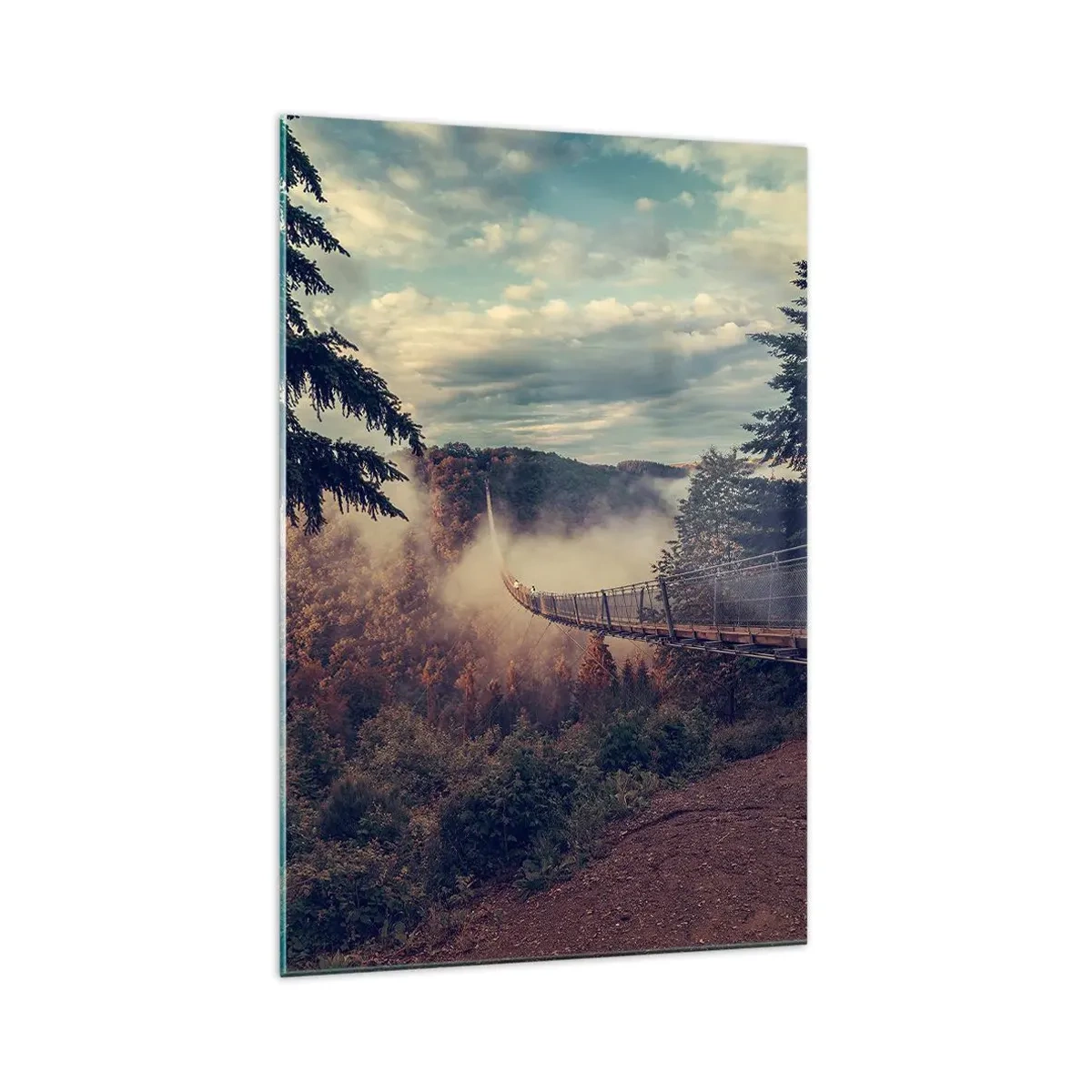 Obraz na szkle - Most wiszący nad mglistym jesiennym lasem o zachodzie słońca - 70x100cm - Nad jesiennym lasem - Nowoczesna dekoracja ścienna do salonu i sypialni ARTTOR