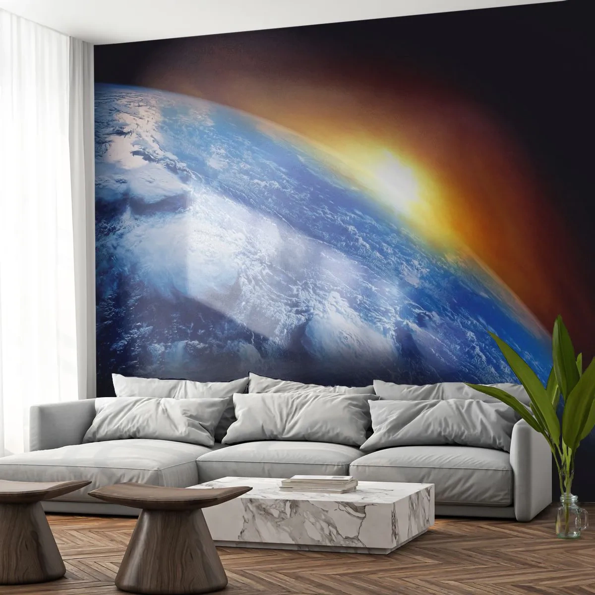 Fototapeta Premium Sand - Wschód słońca nad błękitną planetą - Abstrakcja, 3D, Kosmos - 400x280 cm