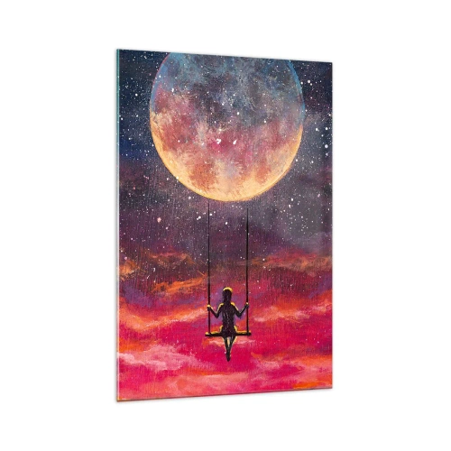 Obraz na szkle - Postać na huśtawce zawieszonej na tle księżyca - 70x100cm - Bujać w obłokach - Nowoczesna dekoracja ścienna do salonu i sypialni ARTTOR