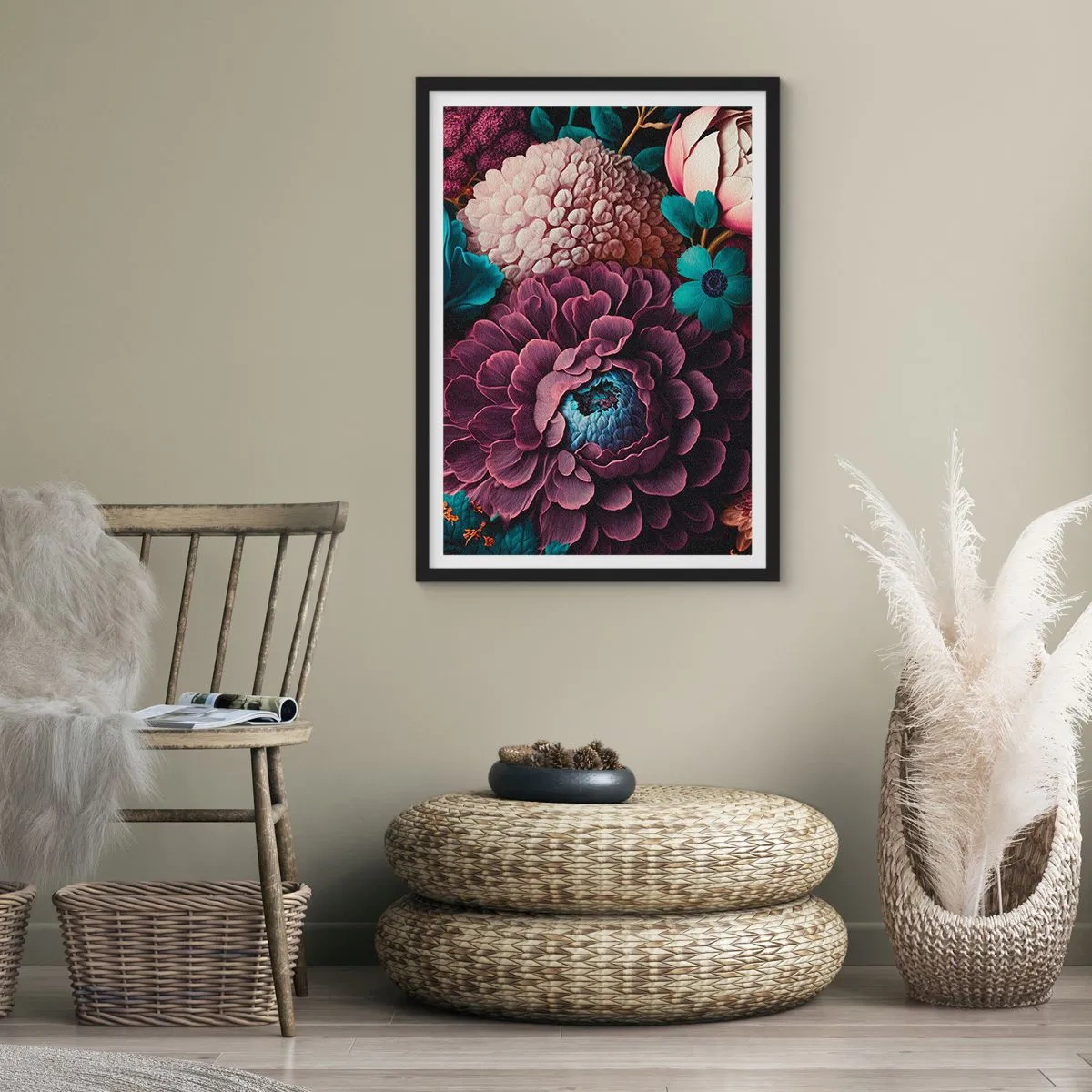 Plakat w czarnej ramie - Kompozycja kwiatów w głębokich odcieniach - 50x70cm - Natura na bogato - Nowoczesna dekoracja ścienna do salonu i sypialni ARTTOR
