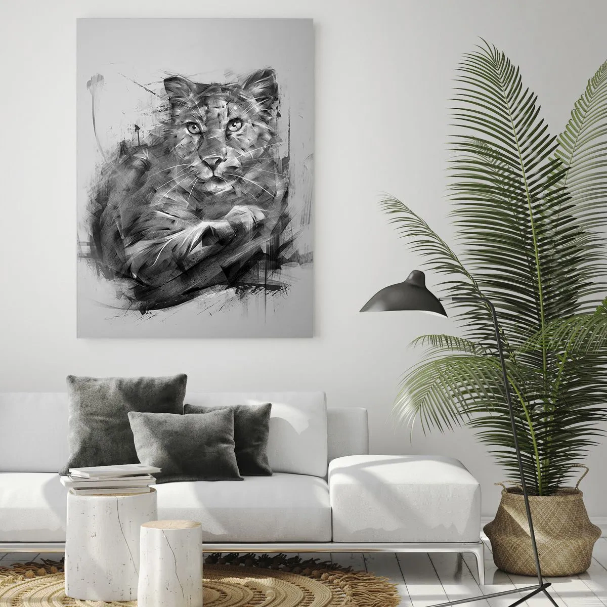 Obraz na szkle - Rysunek tygrysa w monochromatycznym stylu na jasnym tle - 50x70cm - Tak, słucham uważnie - Nowoczesna dekoracja ścienna do salonu, kuchni i sypialni ARTTOR