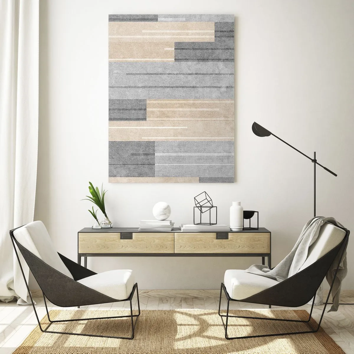 Obraz na szkle - Geometryczne pasy w odcieniach szarości i beżu - 50x70cm - Kompozycja: trzymać pion - Nowoczesna dekoracja ścienna do salonu, kuchni i sypialni ARTTOR