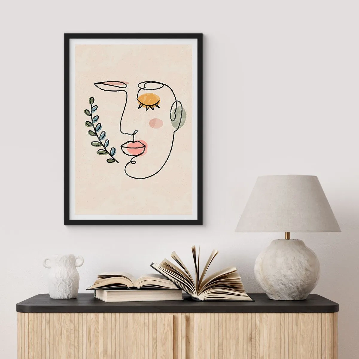 Plakat w czarnej ramie - Minimalistyczna linia portretu kobiety na beżowym tle - 50x70cm - Spokój odnaleziony - Nowoczesna dekoracja ścienna do salonu i sypialni ARTTOR