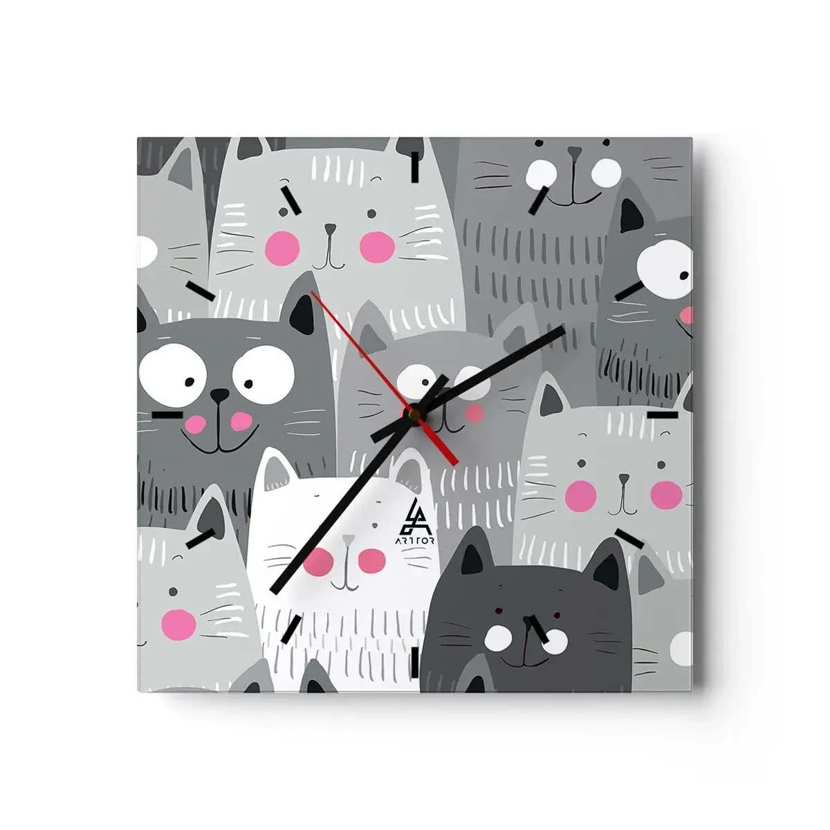Zegar ścienny - Zabawny wzór z kotami w odcieniach szarości - 30x30cm - Koci świat - Nowoczesna dekoracja ścienna do salonu i sypialni ARTTOR