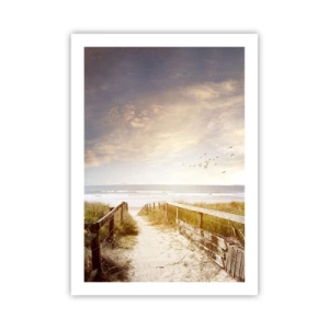 Plakat - Ścieżka na plażę o zachodzie słońca z przelatującymi ptakami - 50x70cm - Przestrzeń spokoju - Nowoczesna dekoracja ścienna do salonu, kuchni i sypialni ARTTOR