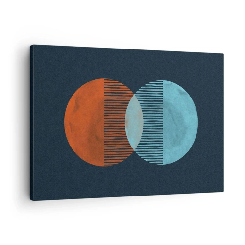 Obraz na płótnie - Dwa koła w kolorze pomarańczowym i niebieskim na ciemnym tle - 70x50cm - Astronomiczna fantazja - Nowoczesna dekoracja ścienna do salonu i sypialni ARTTOR