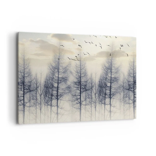 Obraz na płótnie - Mglisty las z ptakami na tle nieba o zachodzie - 100x70cm - Duchy lasu - Nowoczesna dekoracja ścienna do salonu, kuchni i sypialni ARTTOR