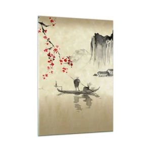 Obraz na szkle - Orientalna scena rybacka z gałęzią kwitnącej wiśni i górami - 50x70cm - W kraju kwitnącej wiśni - Nowoczesna dekoracja ścienna do salonu, kuchni i sypialni ARTTOR