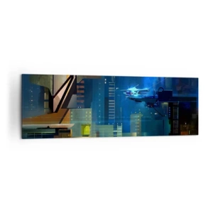 Obraz na płótnie - Futurystyczne miasto nocą z neonami i latającym pojazdem - 160x50cm - W niedalekiej przyszłości - Nowoczesna dekoracja ścienna do salonu i sypialni ARTTOR