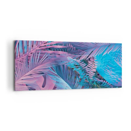 Obraz na płótnie - Tropikalne liście w odcieniach różu i błękitu - 120x50cm - Tropiki w różu i błękicie - Nowoczesna dekoracja ścienna do salonu i sypialni ARTTOR