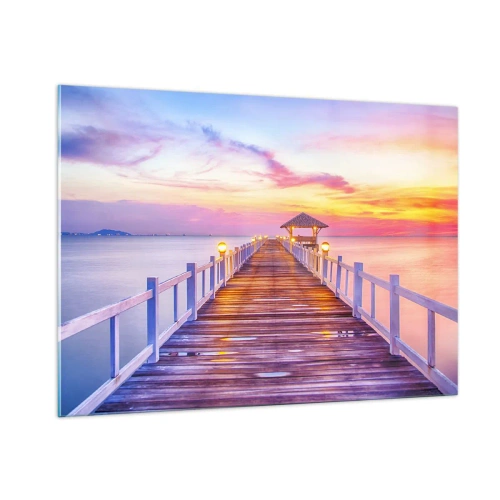 Obraz na szkle - Drewniane molo o zachodzie słońca na spokojnym morzu - 100x70cm - Liliowo-złota cisza wieczoru - Nowoczesna dekoracja ścienna do salonu, kuchni i sypialni ARTTOR