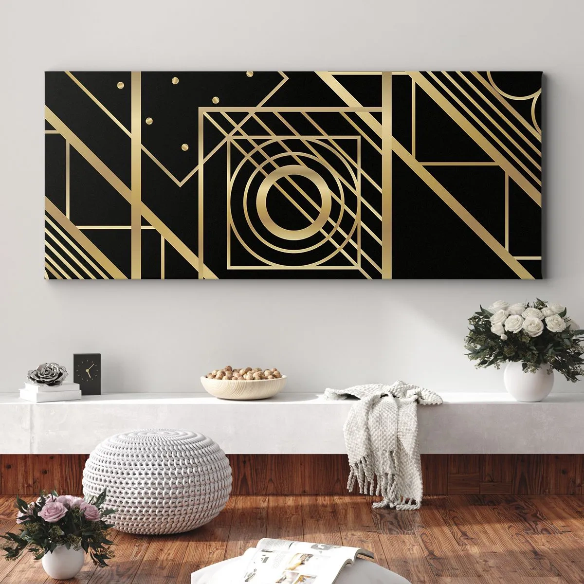 Obraz na płótnie - Złote geometryczne wzory na czarnym tle - 140x50cm - Złota geometria - Nowoczesna dekoracja ścienna do salonu i sypialni ARTTOR