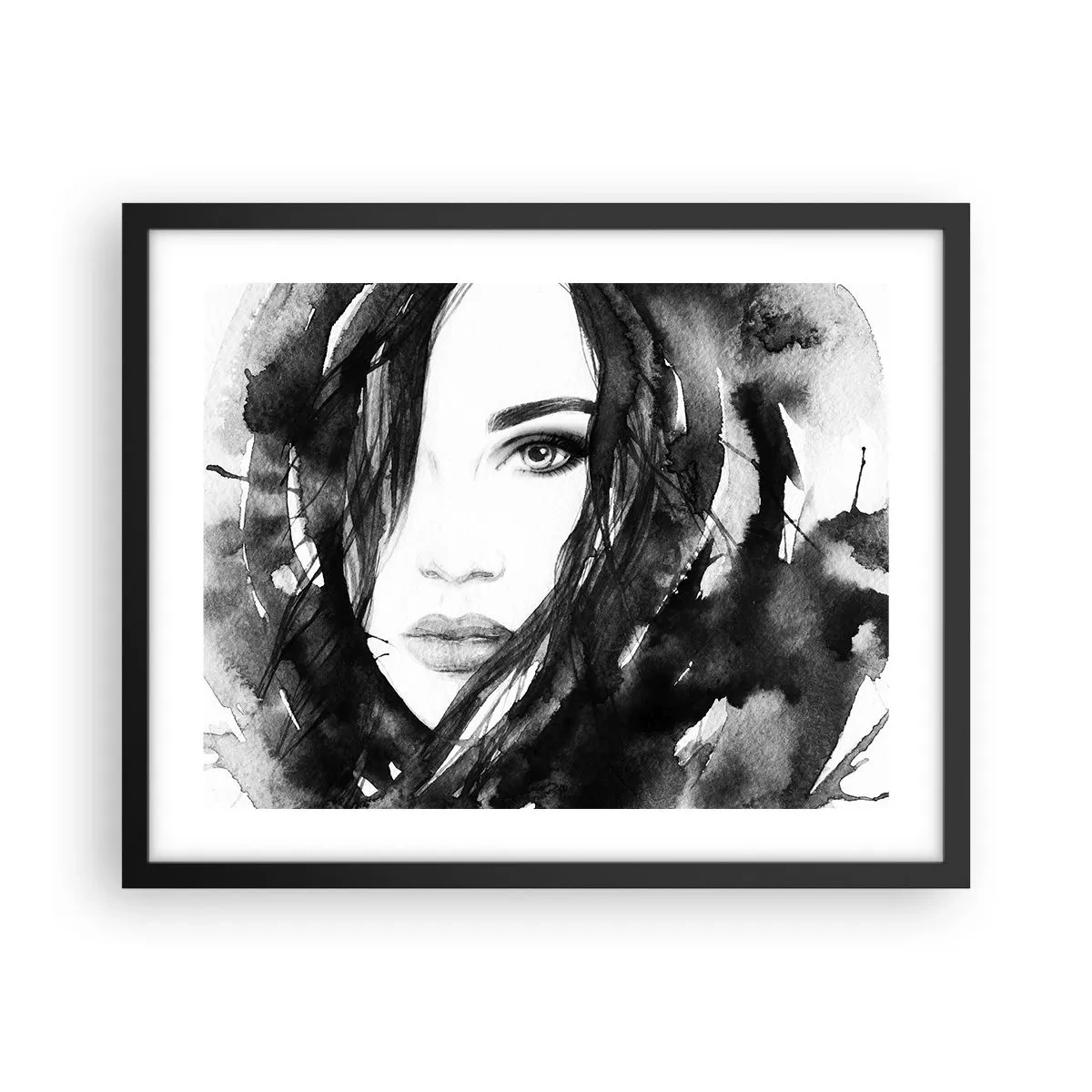 Plakat w czarnej ramie - Portret damy w czerni i bieli - 50x40 cm