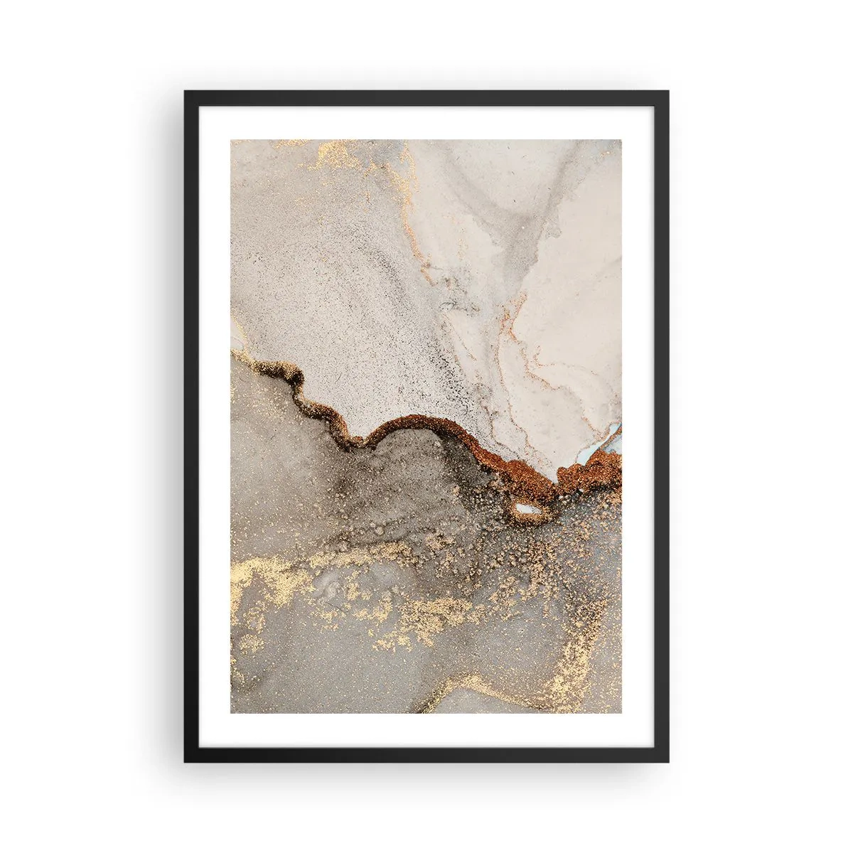 Plakat w czarnej ramie - Abstrakcyjny wzór marmuru z akcentami złota i miedzi - 50x70cm - Na granicy barw - Nowoczesna dekoracja ścienna do salonu i sypialni ARTTOR