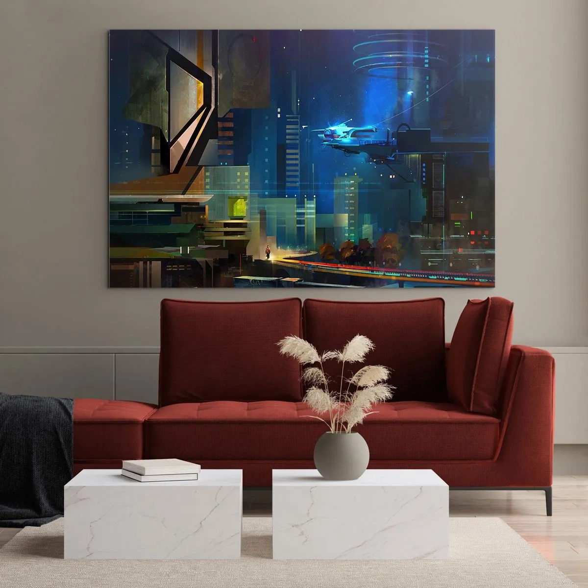Obraz na szkle - Futurystyczne miasto nocą z neonowymi światłami i latającym pojazdem - 120x80cm - W niedalekiej przyszłości - Nowoczesna dekoracja ścienna do salonu, kuchni i sypialni ARTTOR