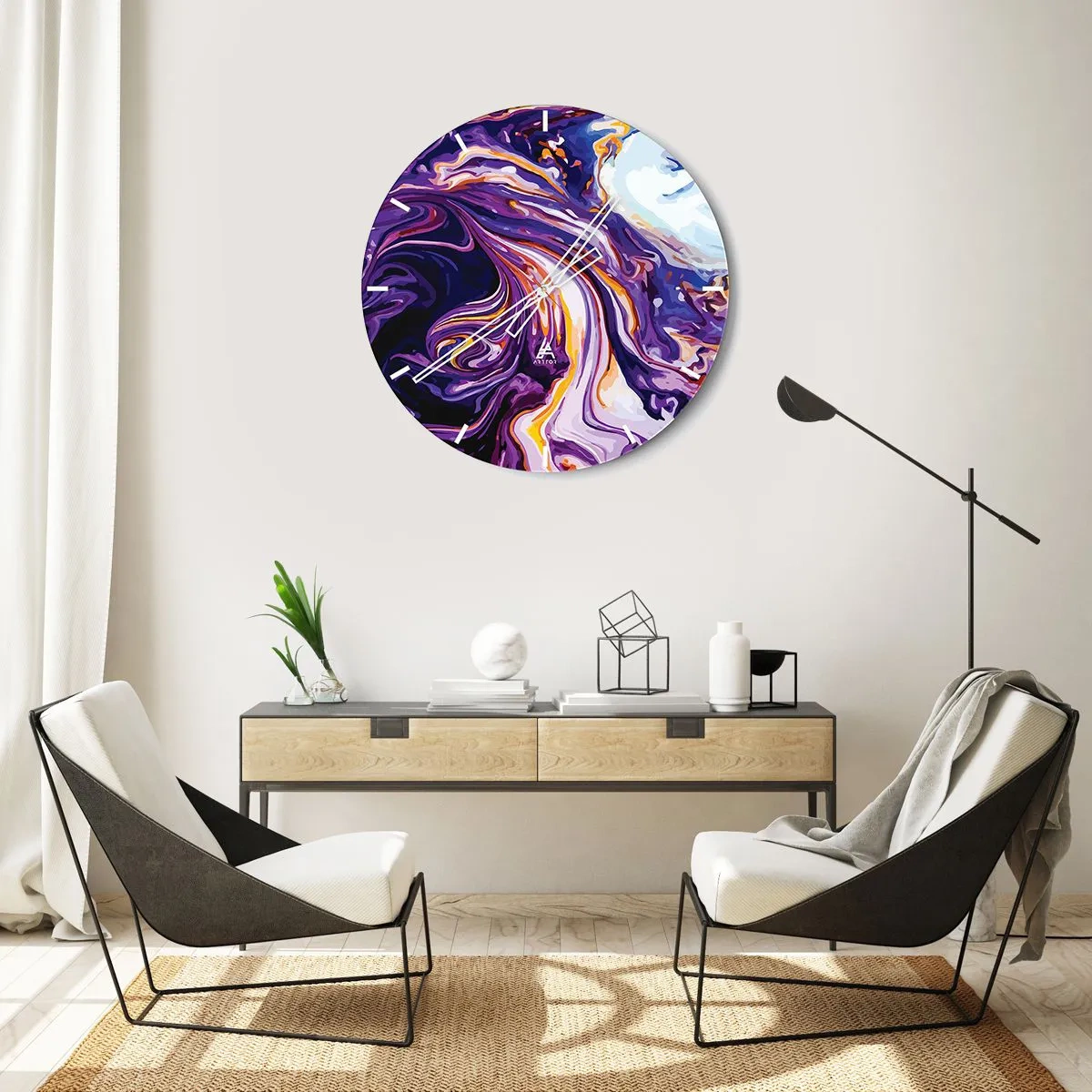 Zegar ścienny - Fioletowe abstrakcyjne wiry z jasnymi akcentami - 30x30cm - Zagięcie przetrzeni we fiolecie - Nowoczesna dekoracja ścienna do salonu, kuchni i sypialni ARTTOR
