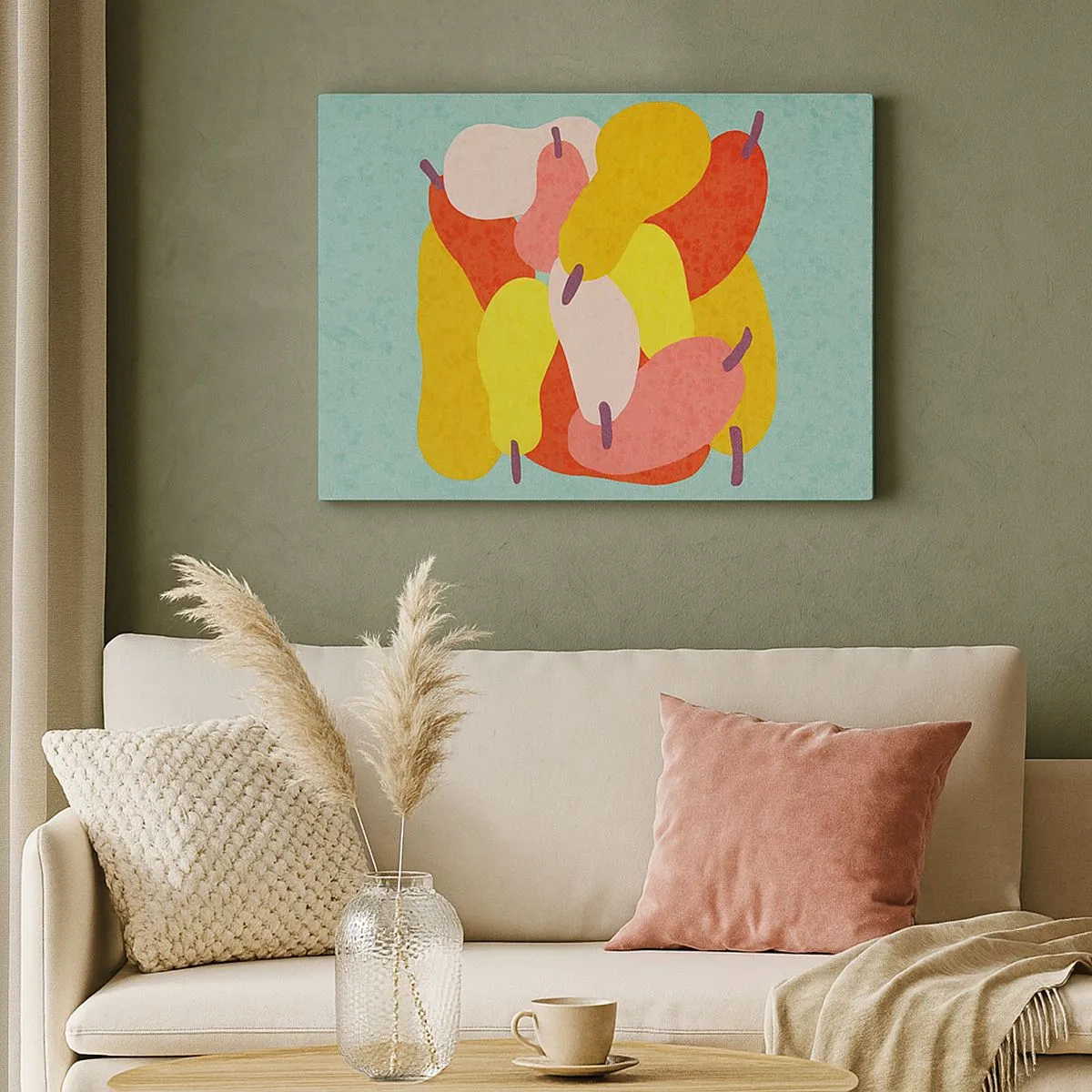 Obraz na płótnie - Kolorowe abstrakcyjne gruszki na tle zielonym - 70x50cm - Spróbuj letniego słońca - Nowoczesna dekoracja ścienna do salonu i sypialni ARTTOR