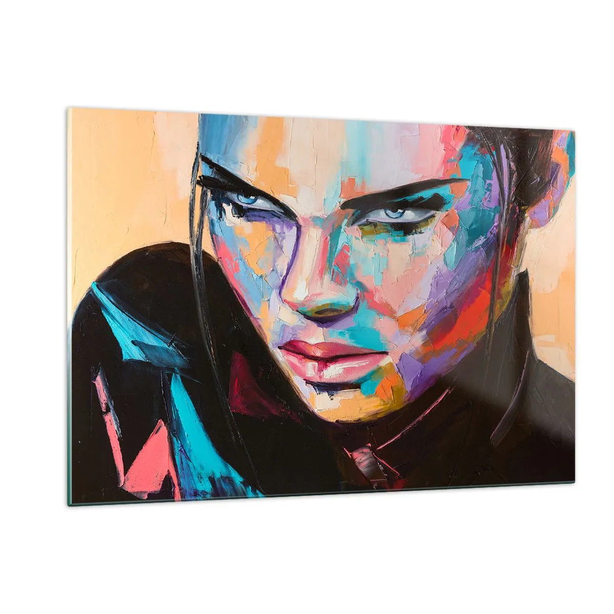 Obraz na szkle - Portret kobiety w żywych kolorach na abstrakcyjnym tle - 120x80cm - Dzikość serca - Nowoczesna dekoracja ścienna do salonu, kuchni i sypialni ARTTOR