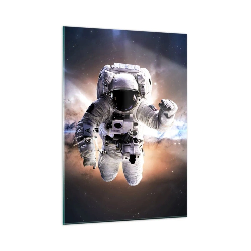 Obraz na szkle - Astronauta w przestrzeni kosmicznej na tle galaktyki - 50x70cm - Pozdrowienia z kosmosu - Nowoczesna dekoracja ścienna do salonu, kuchni i sypialni ARTTOR