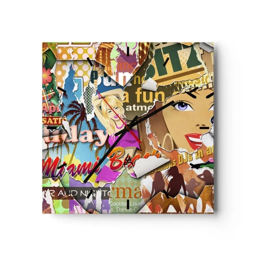Zegar ścienny - Kolorowy kolaż z elementami retro i pop-art - 30x30cm - Wakacyjne retrospekcje - Nowoczesna dekoracja ścienna do salonu i sypialni ARTTOR