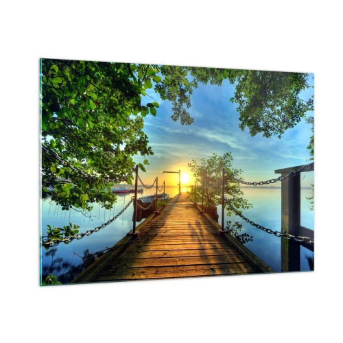 Obraz na szkle - Pomost z widokiem na zachód słońca nad jeziorem - 100x70cm - Zachód nad wodą - Nowoczesna dekoracja ścienna do salonu, kuchni i sypialni ARTTOR