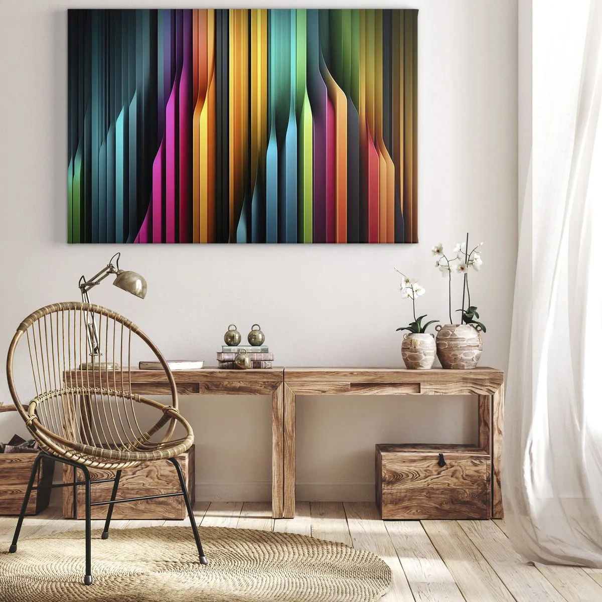 Obraz na płótnie - Kolorowe pionowe linie tworzące dynamiczną abstrakcję - 70x50cm - Świetlne organy - Nowoczesna dekoracja ścienna do salonu i sypialni ARTTOR