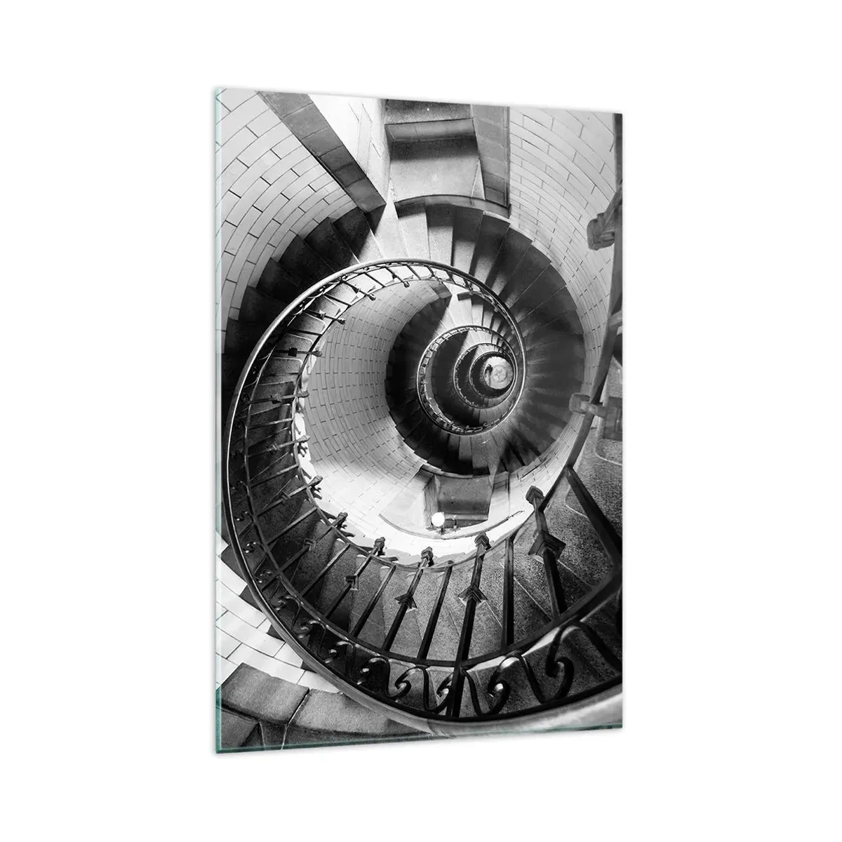 Obraz na szkle - Czarno-biała fotografia spiralnych schodów z perspektywą z góry - 80x120cm - Wyżej i wyżej - Nowoczesna dekoracja ścienna do salonu i sypialni ARTTOR