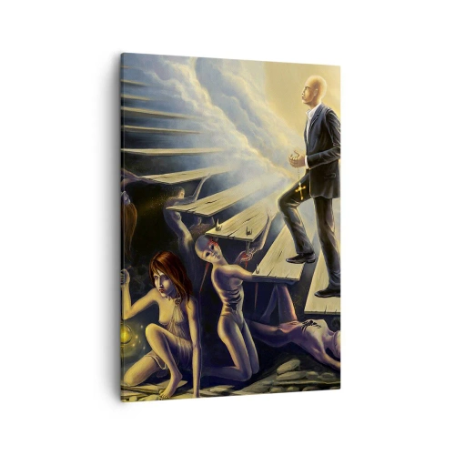 Obraz na płótnie - Symboliczna scena z postaciami i schodami do światła - 50x70cm - Dantejska wędrówka ku światłu - Nowoczesna dekoracja ścienna do salonu, kuchni i sypialni ARTTOR