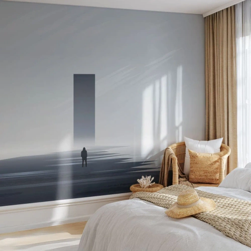 Fototapeta Premium Sand - Minimalistyczny pejzaż z postacią przed monolitem - 100x70cm - Szansa czy zagrożenie? - Nowoczesna dekoracja ścienna do salonu, kuchni i sypialni ARTTOR