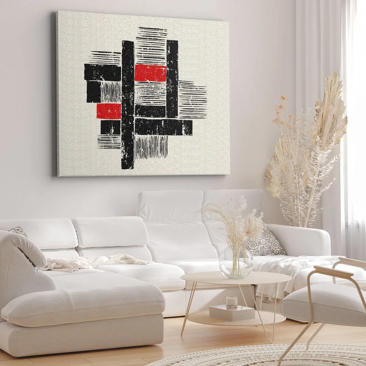 Obraz na płótnie - Abstrakcyjna kompozycja geometryczna w czerni i czerwieni - 70x50cm - Czerwone i czarne - Nowoczesna dekoracja ścienna do salonu i sypialni ARTTOR