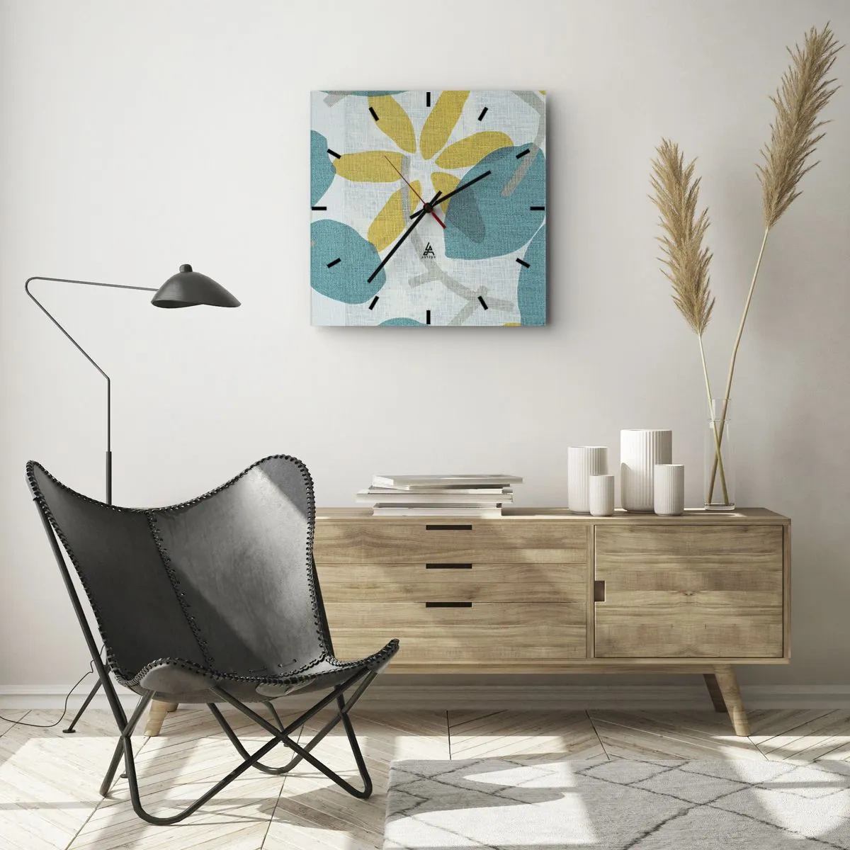 Zegar ścienny - Liście w odcieniach turkusu i żółci na jasnym tle - 30x30cm - Wśród lazurowych liści - Nowoczesna dekoracja ścienna do salonu i sypialni ARTTOR