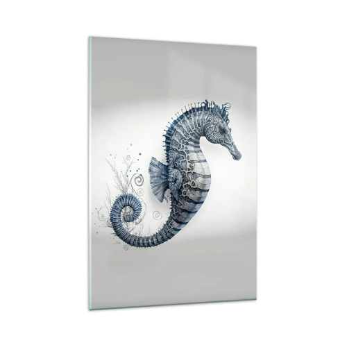 Obraz na szkle - Konik morski w odcieniach niebieskiego z detalami akwareli - 80x120cm - Subtelny żart natury - Nowoczesna dekoracja ścienna do salonu i sypialni ARTTOR