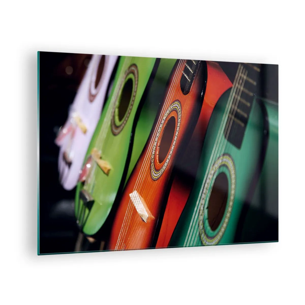 Obraz na szkle - Kolorowe gitary w rzędzie - 70x50cm - Gitara ma wiele barw - Nowoczesna dekoracja ścienna do salonu i sypialni ARTTOR