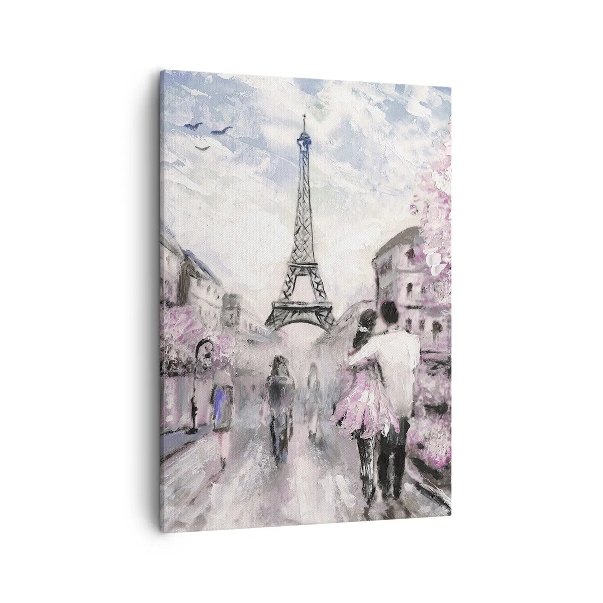 Obraz na płótnie - Wieża Eiffla z romantycznym spacerem w pastelowych tonacjach - 50x70cm - Jak zakochac się, to tylko w… - Nowoczesna dekoracja ścienna do salonu, kuchni i sypialni ARTTOR