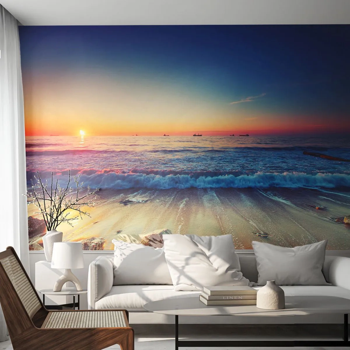 Fototapeta Premium Sand - Zachód słońca nad morzem z falami na brzegu - 100x70cm - A co za horyzontem? - Nowoczesna dekoracja ścienna do salonu, kuchni i sypialni ARTTOR