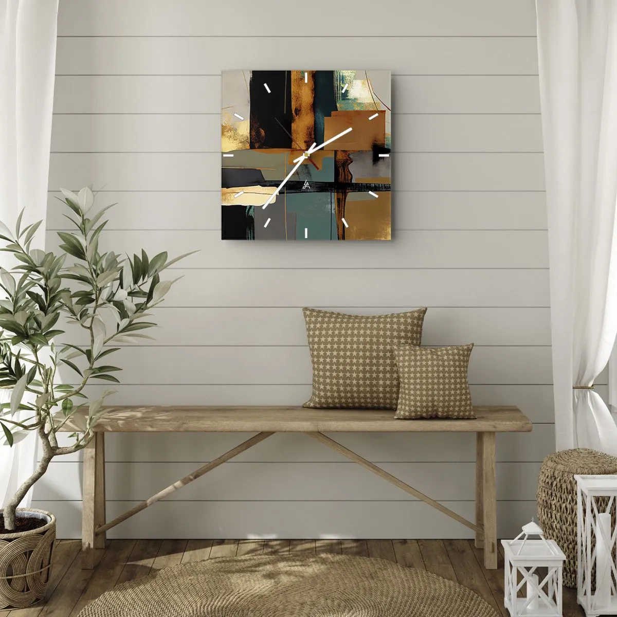 Zegar ścienny - Abstrakcyjna kompozycja z elementami złota i turkusu - 30x30cm - Abstrakcja – światło i cień - Nowoczesna dekoracja ścienna do salonu i sypialni ARTTOR