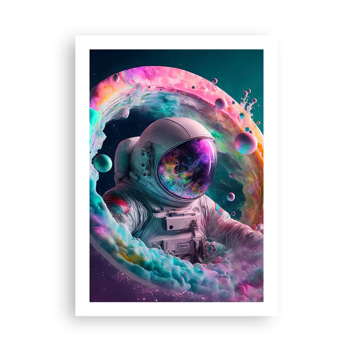 Plakat - Astronauta w kosmicznym otoczeniu pełnym kolorowych mgławic - 50x70cm - Gwiezdne wrota - Nowoczesna dekoracja ścienna do salonu, kuchni i sypialni ARTTOR