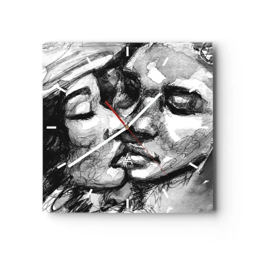 Zegar ścienny - Czarno-biała akwarela przedstawiająca intymny moment dwóch osób - 30x30cm - Czuła chwila - Nowoczesna dekoracja ścienna do salonu i sypialni ARTTOR