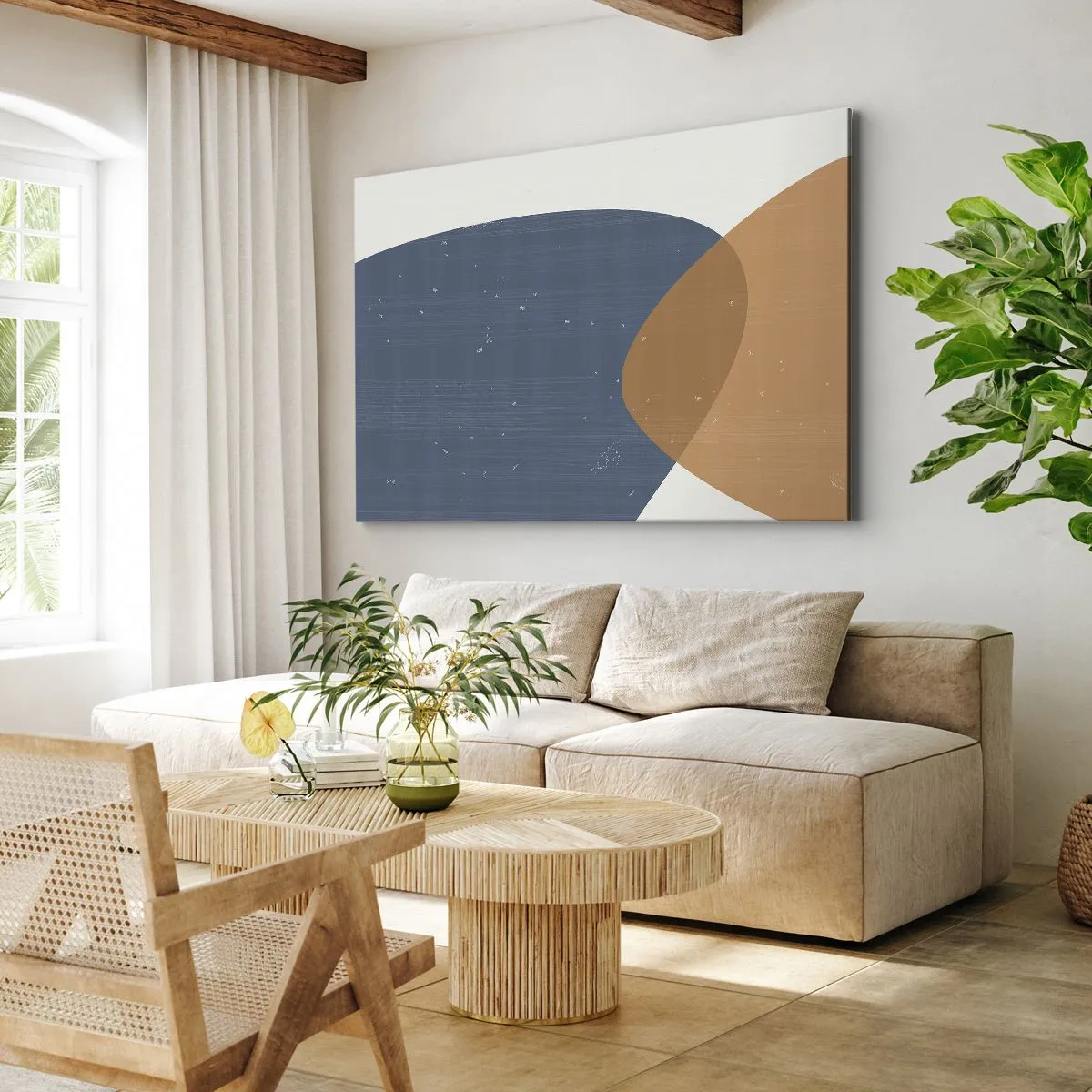 Obraz na płótnie - Minimalistyczna kompozycja geometryczna w odcieniach niebieskiego i pomarańczowego - 70x50cm - Owale i wpływy - Nowoczesna dekoracja ścienna do salonu i sypialni ARTTOR