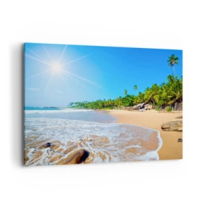 Obraz na płótnie - Tropikalna plaża z palmami i błękitnym niebem - 100x70cm - Egzotyczne miejsce dla ciebie - Nowoczesna dekoracja ścienna do salonu, kuchni i sypialni ARTTOR