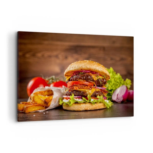 Obraz na płótnie - Apetyczny burger z dodatkami - 100x70cm - Zakazany owoc - Nowoczesna dekoracja ścienna do salonu, kuchni i sypialni ARTTOR